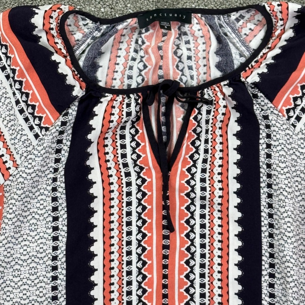 Sanctuary Blouse Womens Small Coral Navy Geometric Boho B0771-RM238 Peasant Top